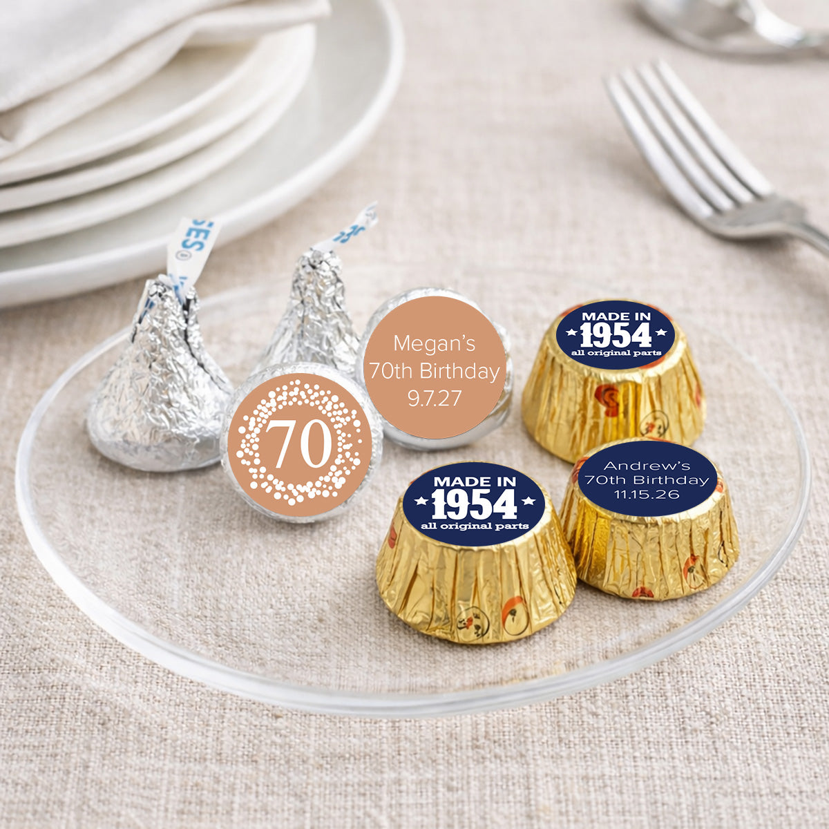 70th Birthday Personalized Kisses & Reese's Candy Labels (Set of 100)