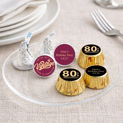 80th Birthday Personalized Kisses & Reese's Candy Labels (Set of 100)