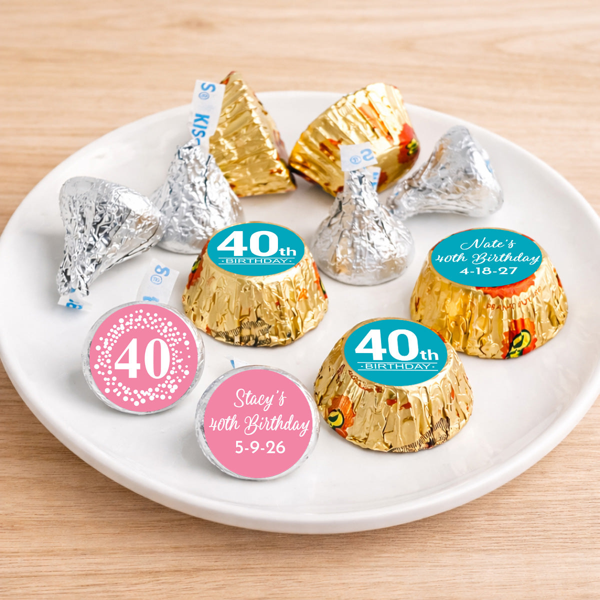 40th Birthday Personalized Kisses & Reese's Candy Labels (Set of 100)