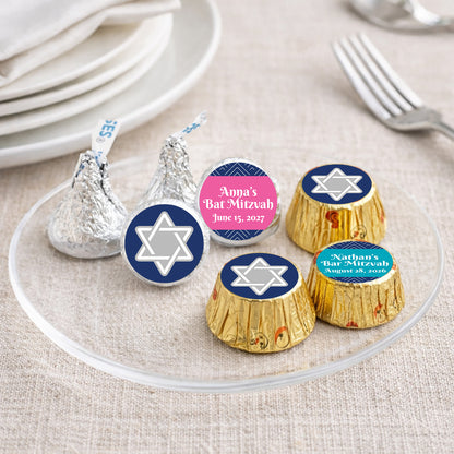 Star Of David Mitzvah Personalized Kisses & Reese's Candy Labels (Set of 100)