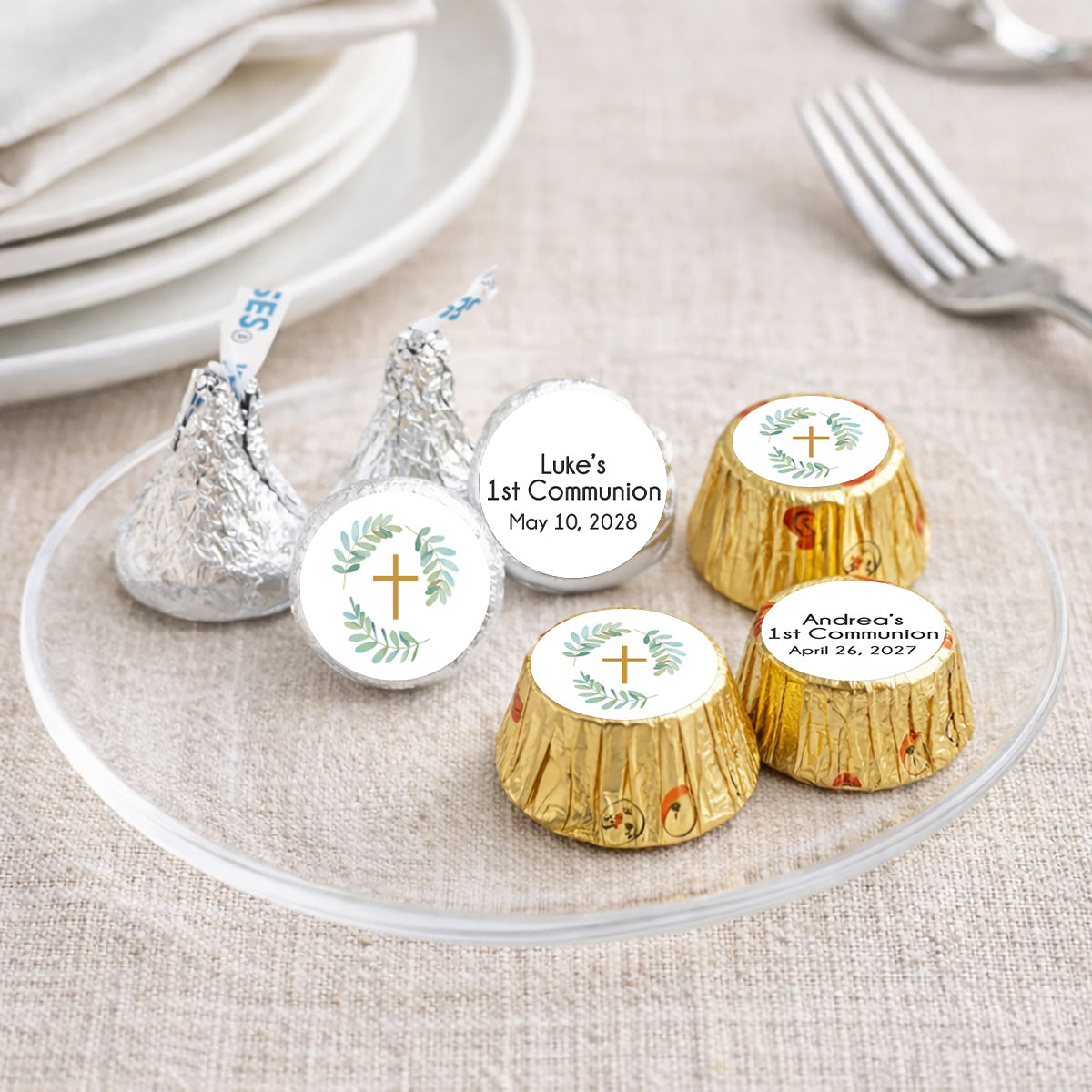 Botanical Greenery First Communion Personalized Kisses & Reese's Candy Labels (Set of 100)