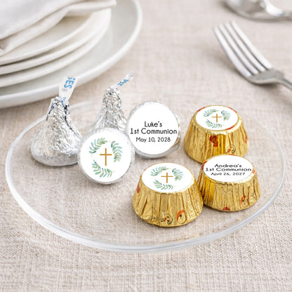Botanical Greenery First Communion Personalized Kisses & Reese's Candy Labels (Set of 100)