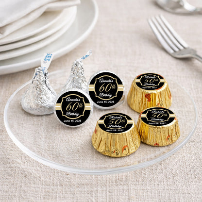 Black & Gold Birthday Personalized Kisses & Reese's Candy Labels (Set of 100)