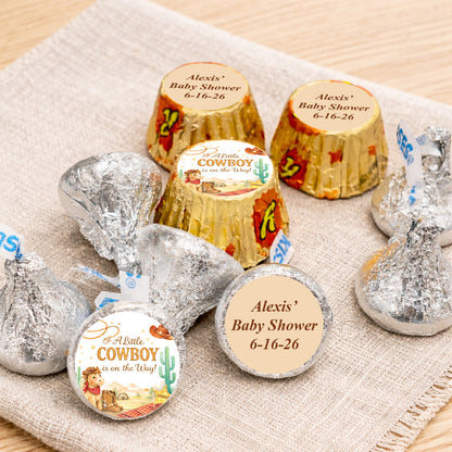 A Little Cowboy is on the Way Wild West Birthday Rodeo Personalized Kisses & Reese's Candy Labels (Set of 100)
