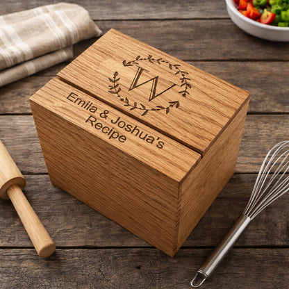 Monogram Wreath Personalized Wood Recipe Box