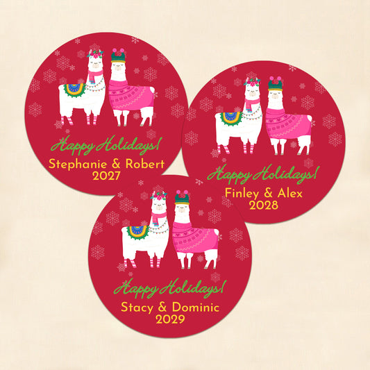 Holiday Llama Personalized Round Labels (Set of 24)