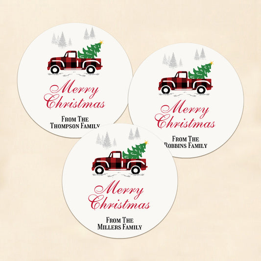 Red Pickup Truck Personalized Round Labels (Set of 24)