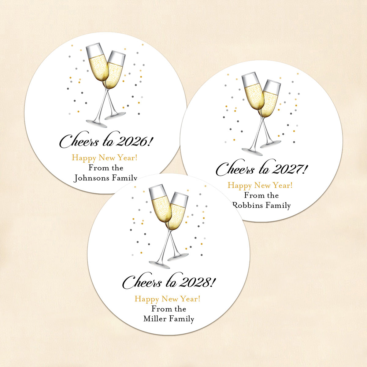 Cheers To New Year Personalized Round Labels (Set of 24)