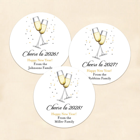 Cheers To New Year Personalized Round Labels (Set of 24)