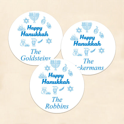 Happy Hanukkah Drawing Personalized Round Labels (Set of 24)