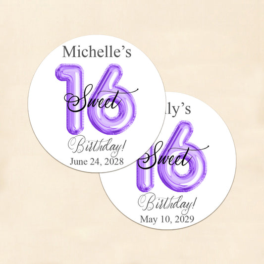 Sweet 16 Birthday Balloon Personalized Round Labels (Set of 24)