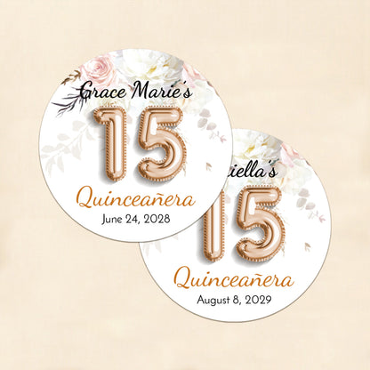 Quinceañera 15th Birthday Balloon Personalized Round Labels (Set of 24)