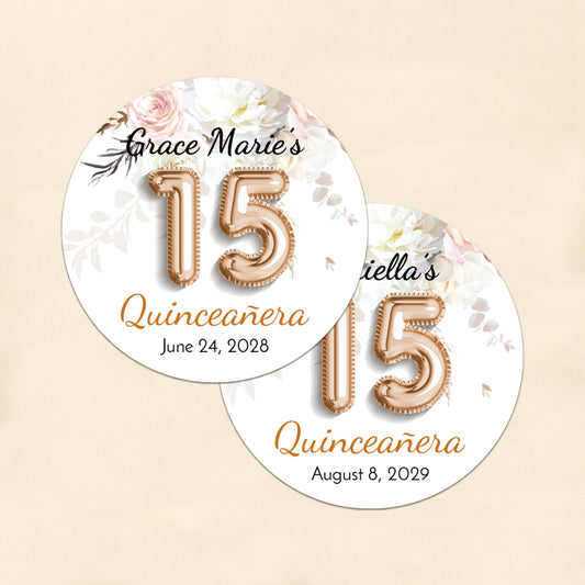Quinceañera 15th Birthday Balloon Personalized Round Labels (Set of 24)