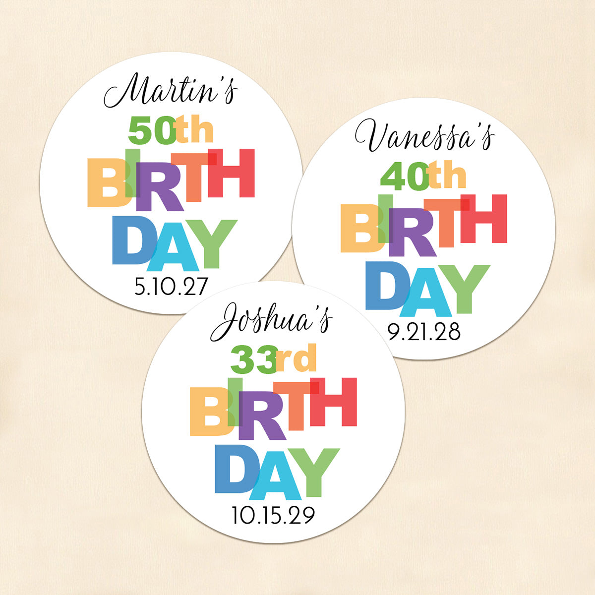 Colorful Birthday Personalized Round Labels (Set of 24)