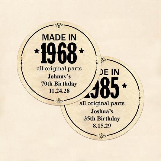 Made In Year All Original Parts Personalized Round Labels (Set of 24)
