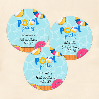 Pool Party Birthday Personalized Round Labels (Set of 24)