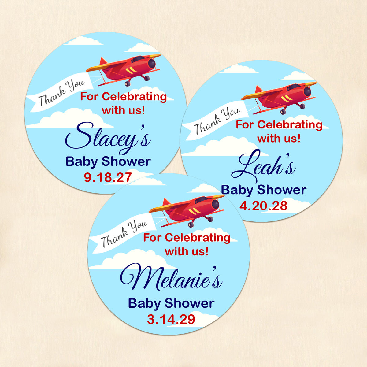 Airplane Birthday Baby Shower Personalized Round Labels (Set of 24)