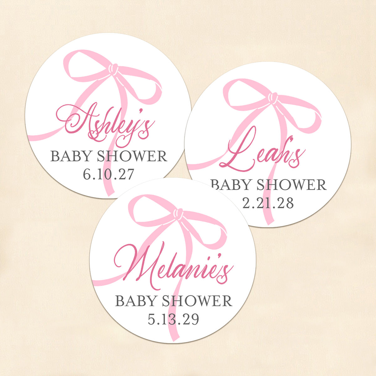 Pink Bow Baby Shower Personalized Round Labels (Set of 24)