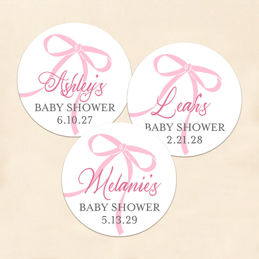 Pink Bow Baby Shower Personalized Round Labels (Set of 24)