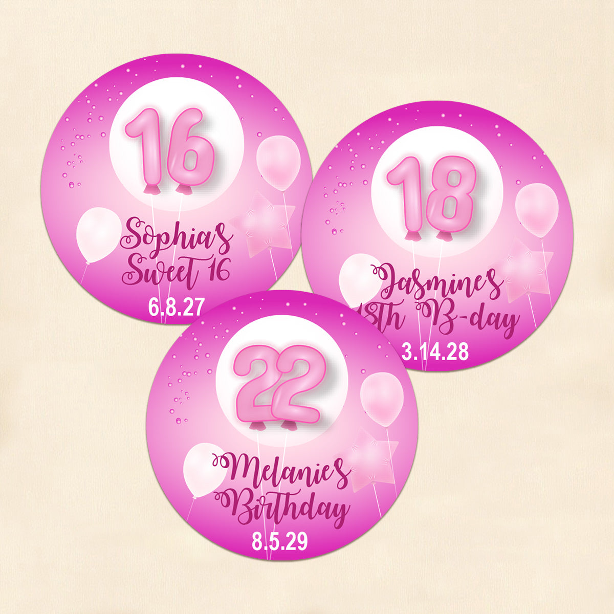 Pink Birthday Party Personalized Round Labels (Set of 24)