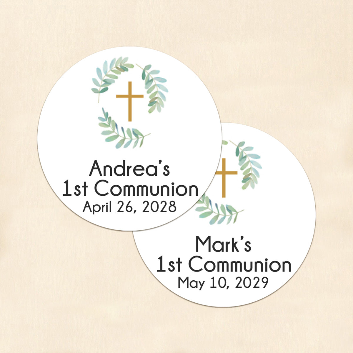 Botanical Greenery First Communion Personalized Round Labels (Set of 24)