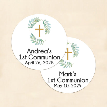 Botanical Greenery First Communion Personalized Round Labels (Set of 24)