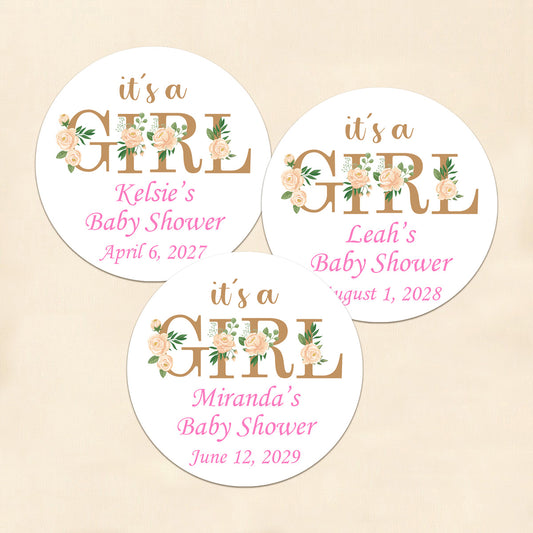 It's A Girl Personalized Round Labels (Set of 24)
