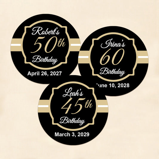 Black & Gold Birthday Personalized Round Labels (Set of 24)