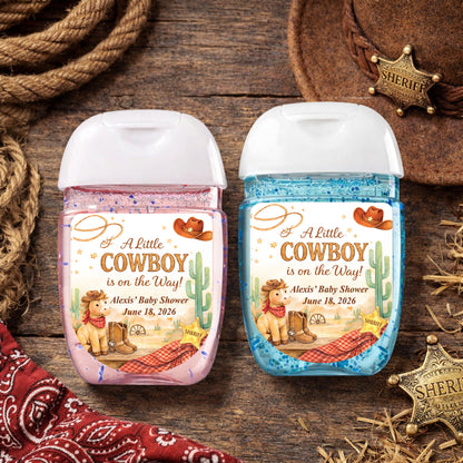 A Little Cowboy is on the Way Wild West Birthday Rodeo Personalized Loop Sanitizer Labels (Set of 20)