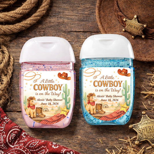 A Little Cowboy is on the Way Wild West Birthday Rodeo Personalized Loop Sanitizer Labels (Set of 20)