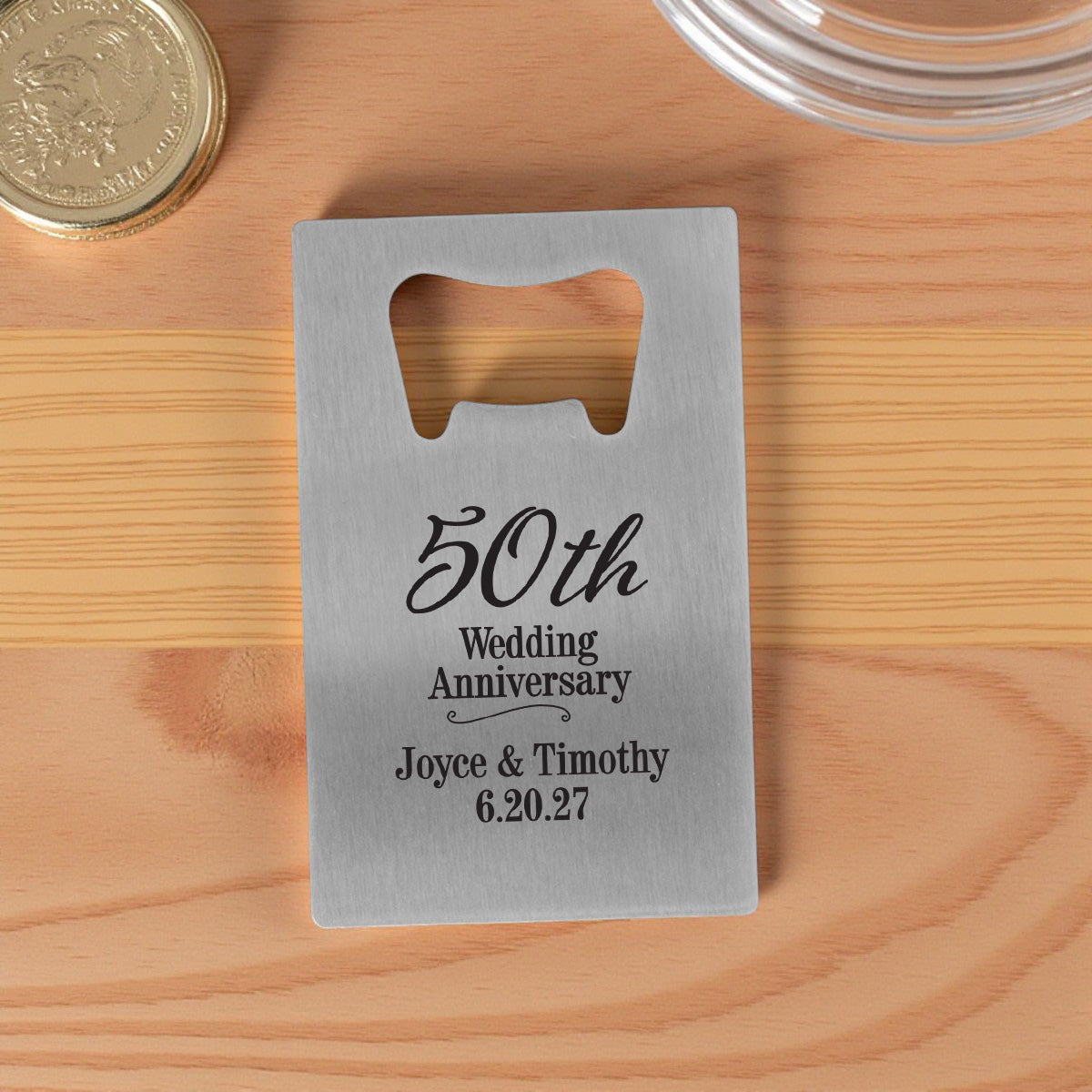 50th Anniversary Personalized Silver Credit Card Bottle Opener (Set of 24)