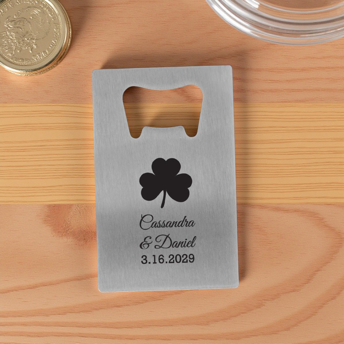 Irish Shamrock Personalized Silver Credit Card Bottle Opener (Set of 24)