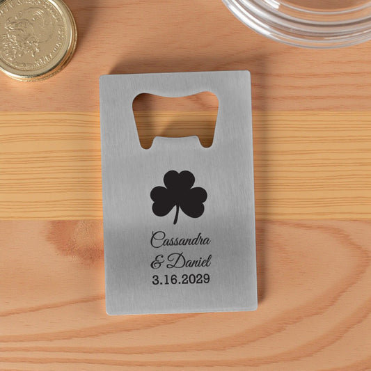 Irish Shamrock Personalized Silver Credit Card Bottle Opener (Set of 24)