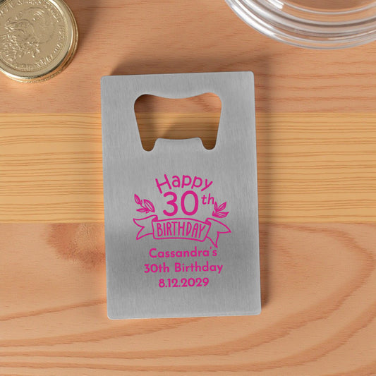 30th Birthday Personalized Silver Credit Card Bottle Opener (Set of 24)