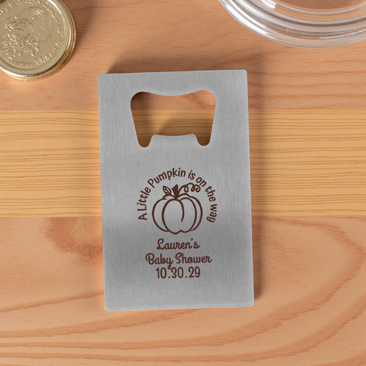 A Little Pumpkin Is On The Way Personalized Silver Credit Card Bottle Opener (Set of 24)