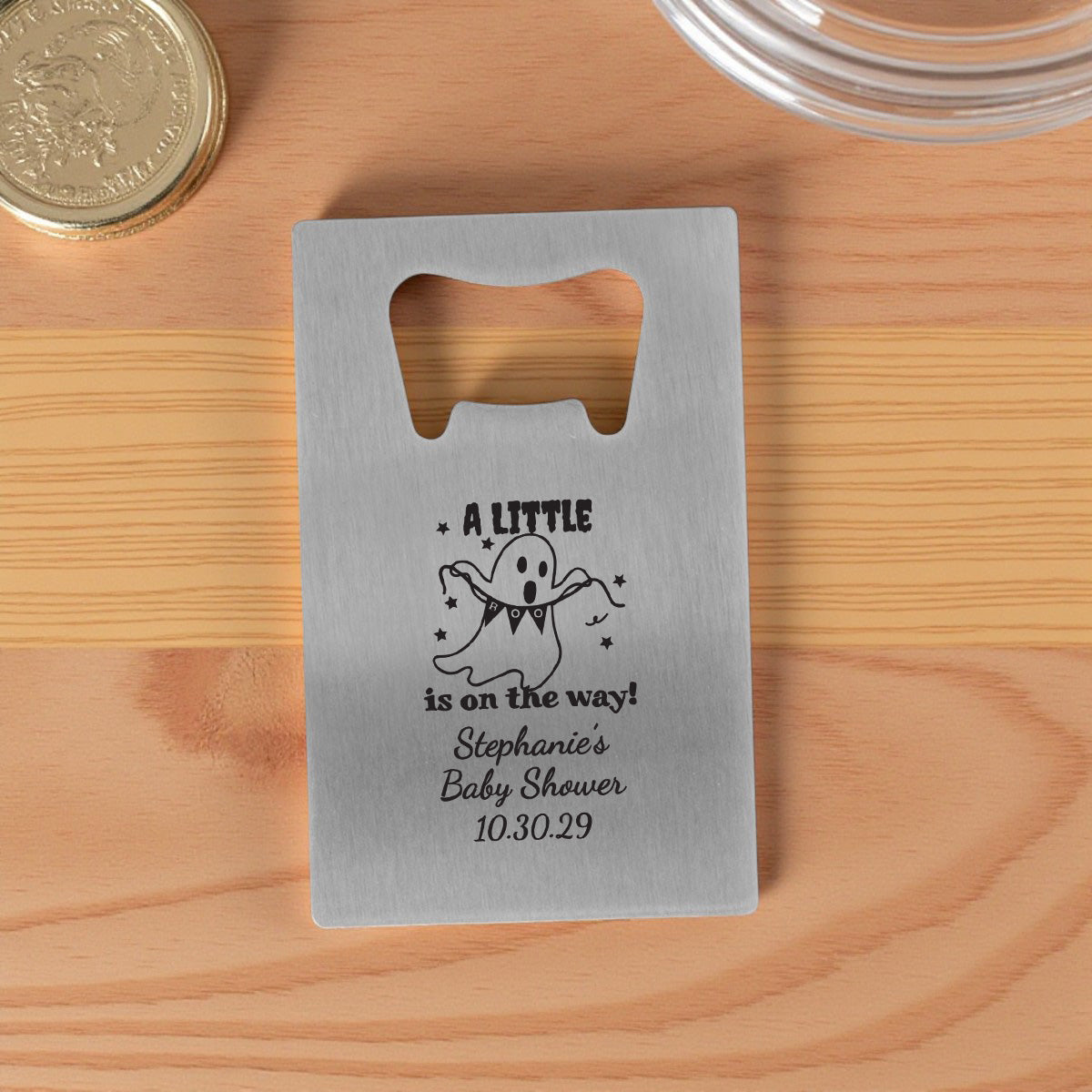 A Little Boo Is On The Way Personalized Silver Credit Card Bottle Opener (Set of 24)
