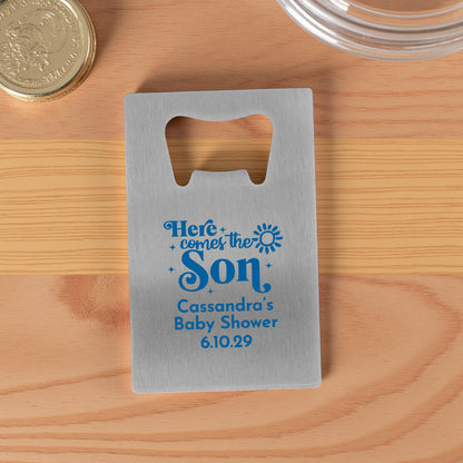 Here Comes The Son Personalized Silver Credit Card Bottle Opener (Set of 24)