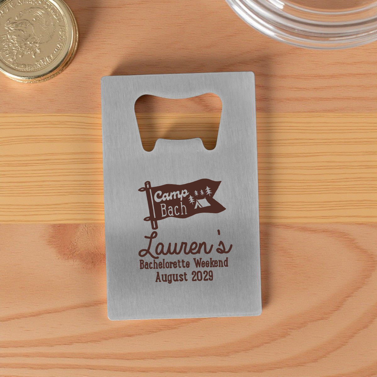 Camp Bach Personalized Silver Credit Card Bottle Opener (Set of 24)