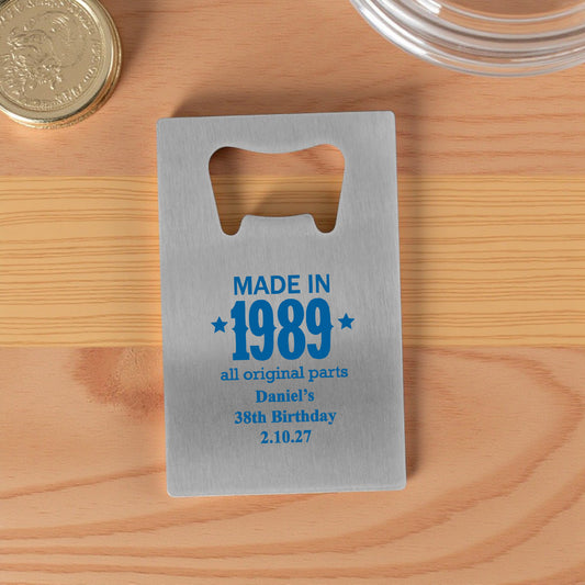 Made In Year All Original Parts Personalized Silver Credit Card Bottle Opener (Set of 24)