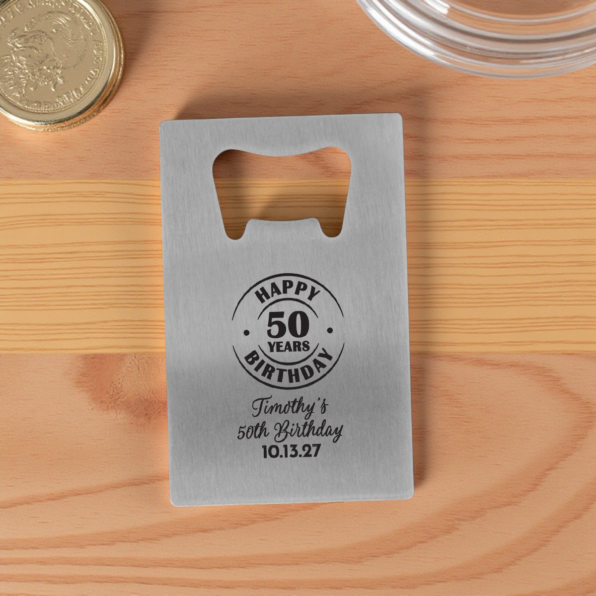 50th Birthday Personalized Silver Credit Card Bottle Opener (Set of 24)