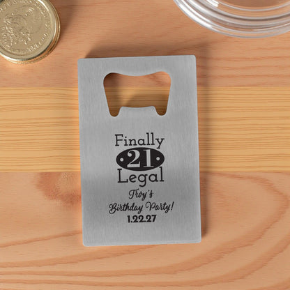 21st Birthday Personalized Silver Credit Card Bottle Opener (Set of 24)