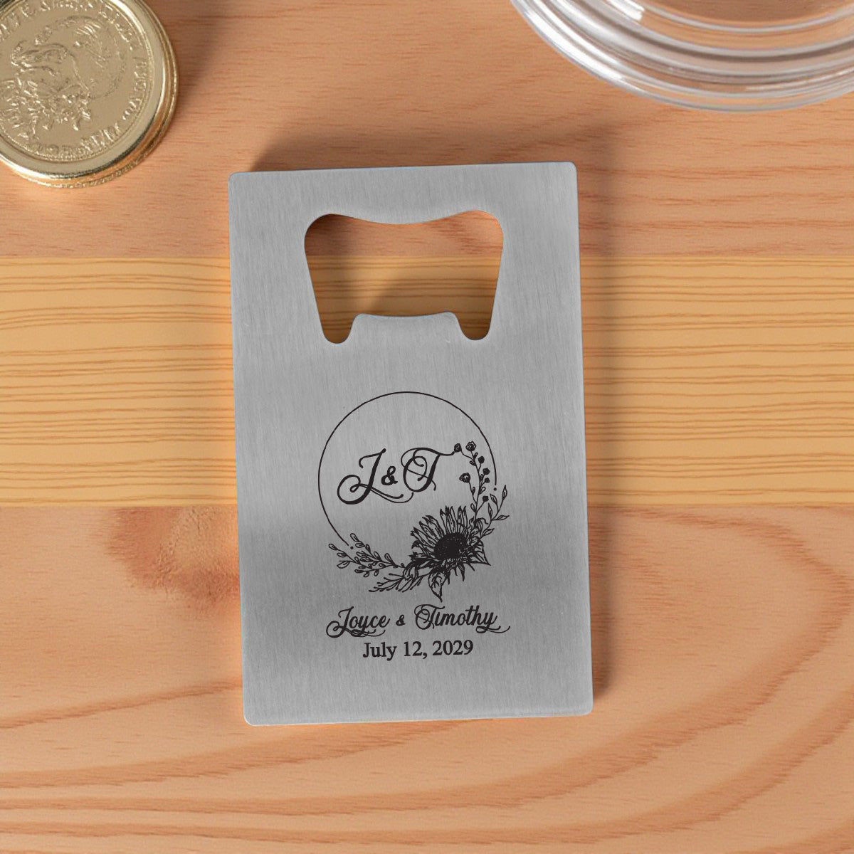 Sunflower Personalized Silver Credit Card Bottle Opener (Set of 24)