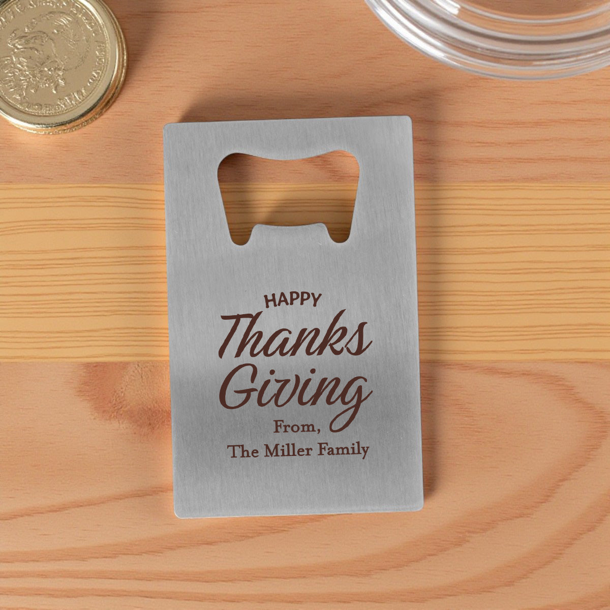 Happy Thanksgiving Personalized Silver Credit Card Bottle Opener (Set of 24)
