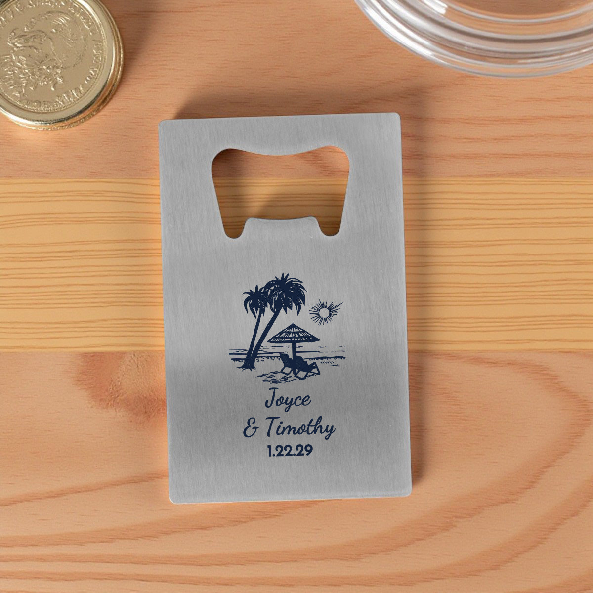 Summer Beach Personalized Silver Credit Card Bottle Opener (Set of 24)