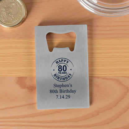 80th Birthday Personalized Silver Credit Card Bottle Opener (Set of 24)
