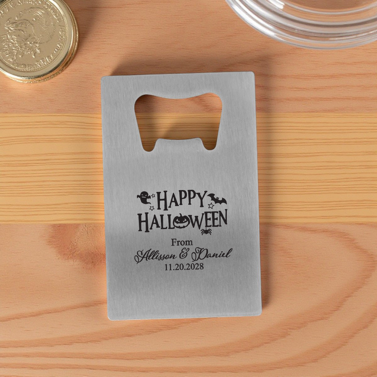 Happy Halloween Personalized Silver Credit Card Bottle Opener (Set of 24)