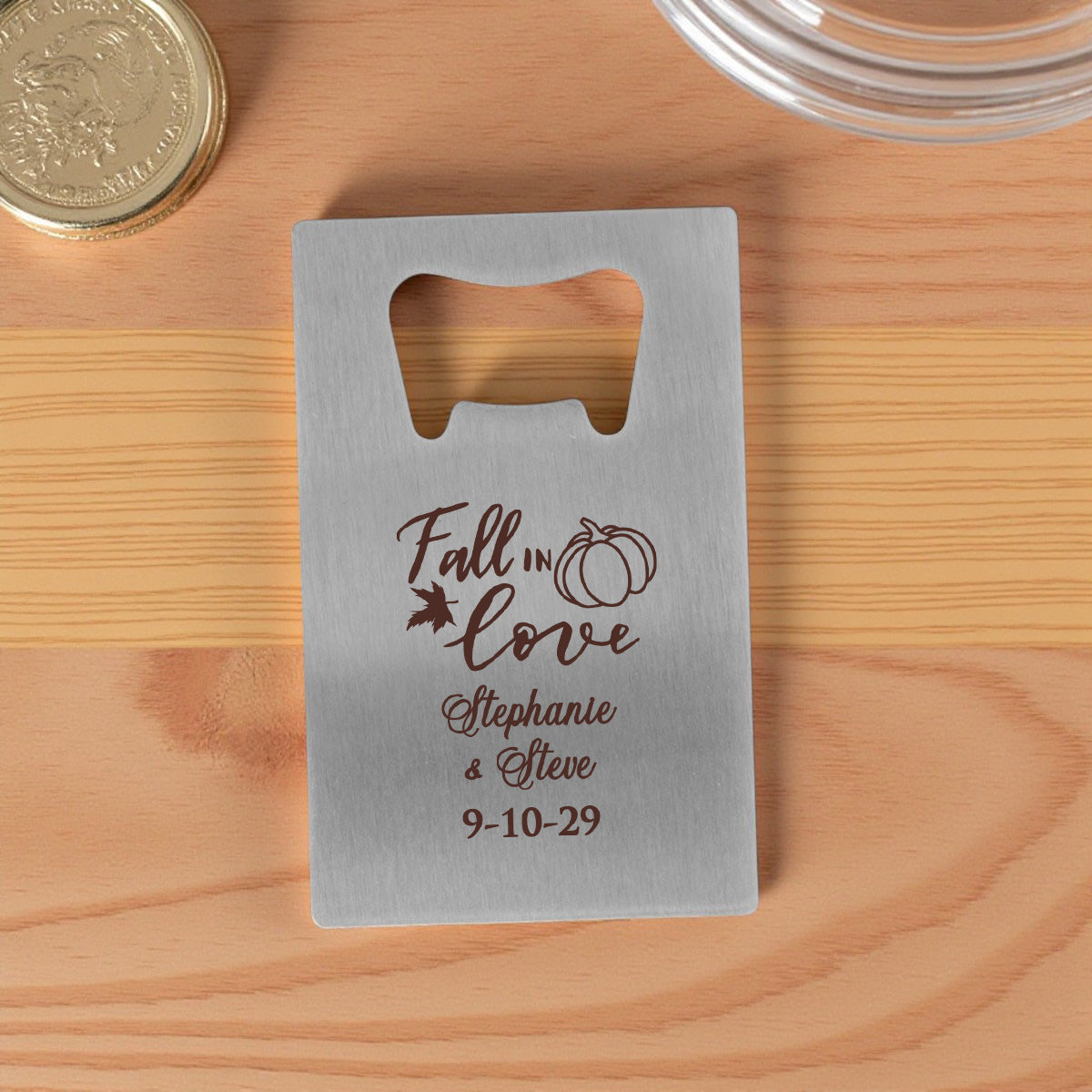 Fall In Love Personalized Silver Credit Card Bottle Opener (Set of 24)