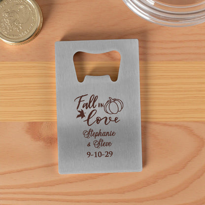 Fall In Love Personalized Silver Credit Card Bottle Opener (Set of 24)