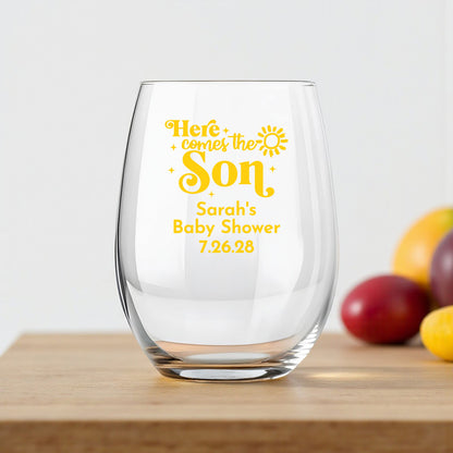 Here Comes The Son Personalized 9 oz. Stemless Wine Glass (Set of 24)