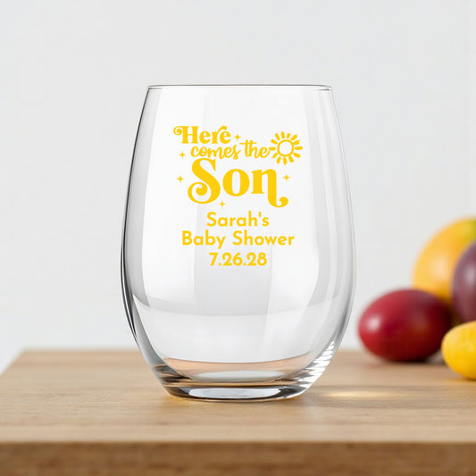 Here Comes The Son Personalized 9 oz. Stemless Wine Glass (Set of 24)